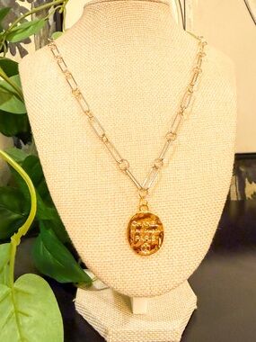 AUTHENTIC CHANEL Gold Medallion Pendant on mixed metal unique chain Necklace